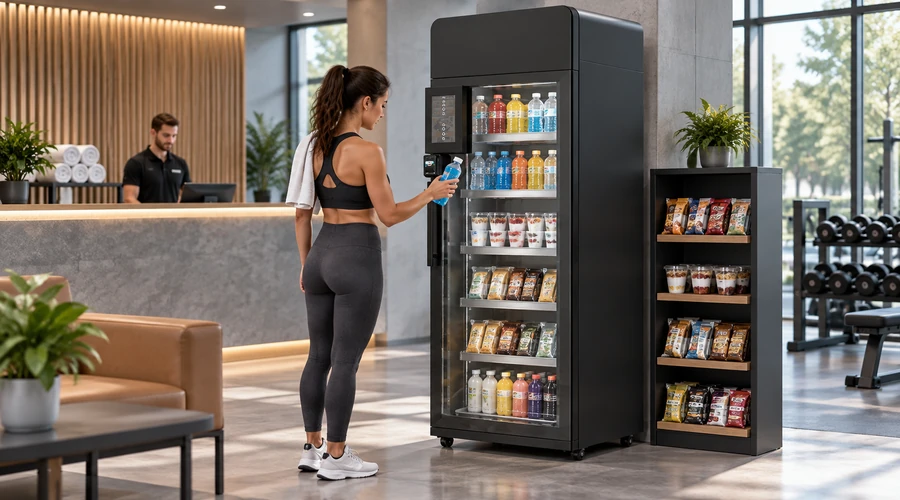 Fitness center scene explaining what is a micro market compared with an X14 AI smart cooler stocked with chilled drinks and protein snacks
