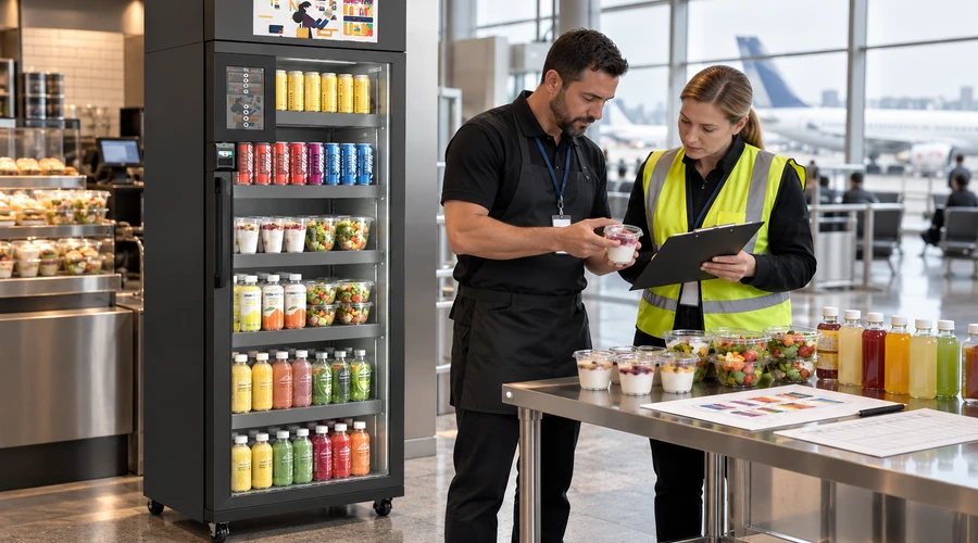 An operator reviews sealed chilled yoghurt, salads and drinks with a temperature-log template beside smart cooler X14 for micro market kiosks that keep food fresh.
