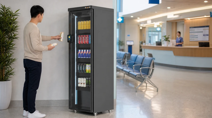Visitor scanning a packaged item and reviewing the basket at an X12 self checkout setup,self checkout kiosks