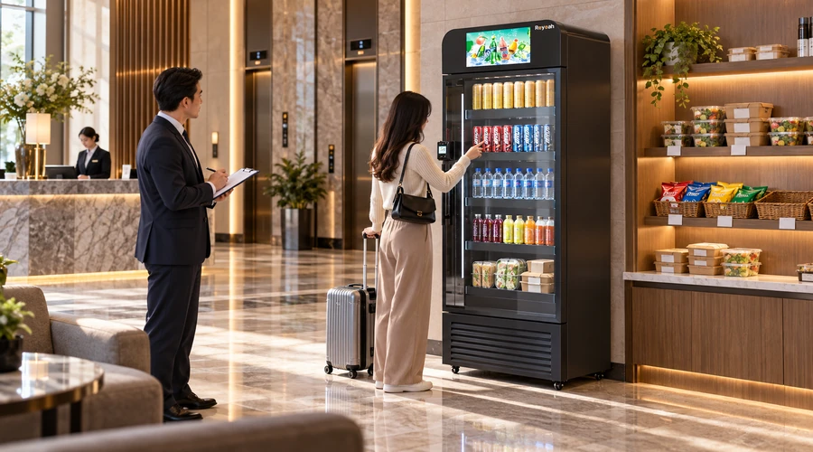 Operator observing customer dwell time and nearby food options as a customer uses a Reyeah X13 in a hotel lobby