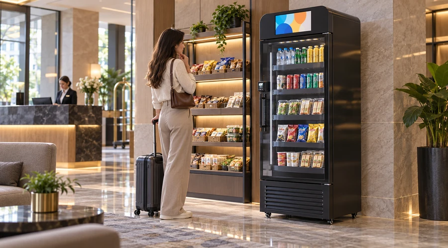 Hotel lobby comparison answering what is a micro market beside an X13 display-equipped smart cooler with drinks and snacks,micromarket，frigo intelligent