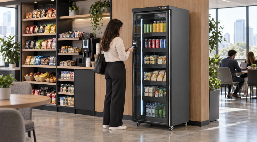 Office comparison showing what is a micro market beside an X12 AI smart cooler stocked with drinks meals and snacks