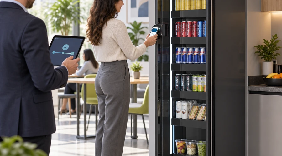 A customer taps a phone at Reyeah X12, one of the cashless vending machines evaluated in an office lobby, while an operator checks a non-readable authorization state.