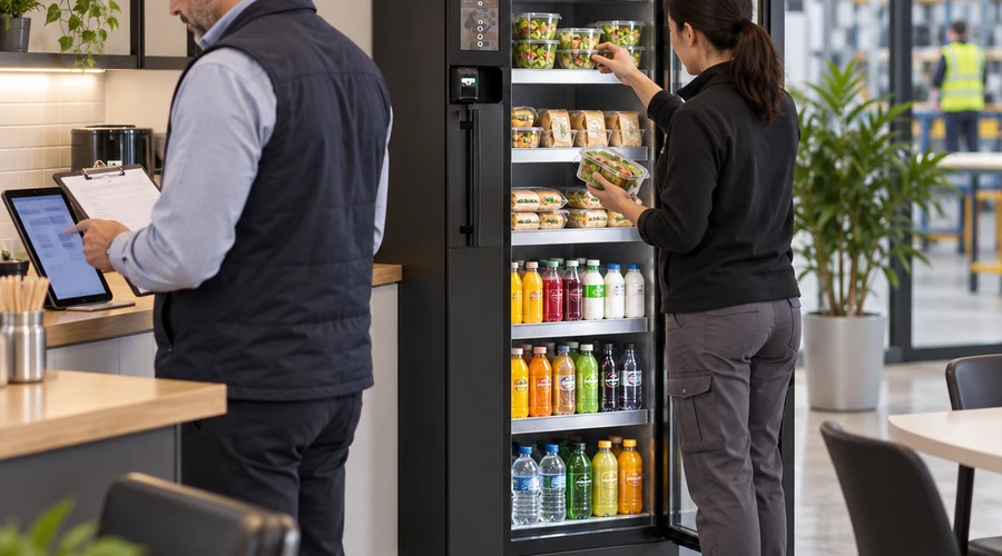 2026 micropayment trends in cashless vending machines, operator reconciling payment order and inventory records beside a Reyeah X14 smart cooler,máquina expendedora,distributeur automatique intelligent