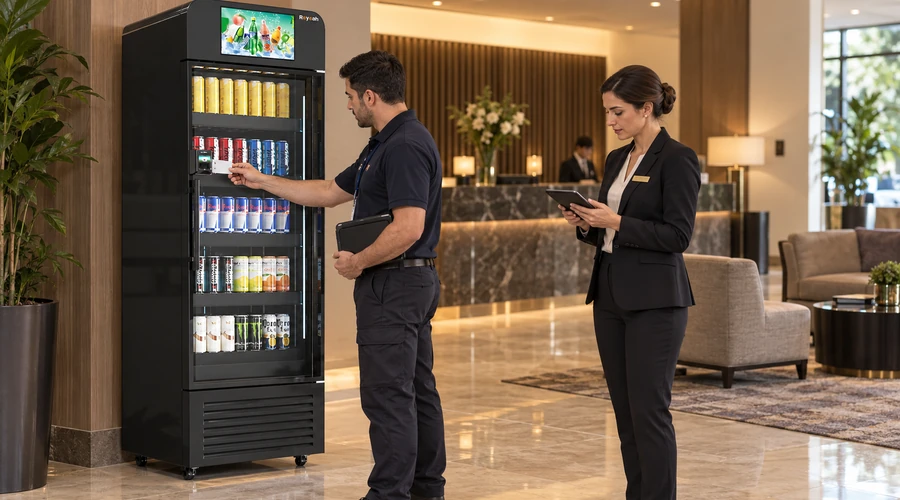 Payment technician tests preauthorization and recovery on an X13 vending machine in a hotel lobby