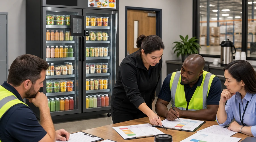 Operations, food-safety and finance review reason-coded waste and pilot QA gates beside dual-door cabinet X15 for micro market kiosks that keep food fresh.