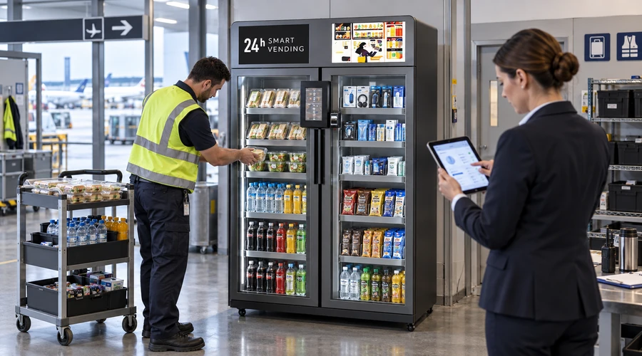 Route operator restocks an X15 airport vending cabinet while an operations manager reviews remote inventory and user permissions