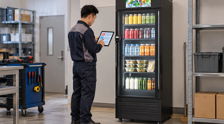 A technician reviews a simulated temperature alarm, cleaning checklist and network-loss response at cabinet X13 for micro market kiosks that keep food fresh.