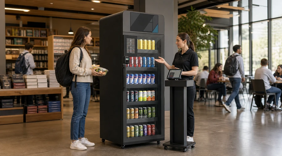 Associate resolving an uncertain payment status at an X14 smart cooler checkout