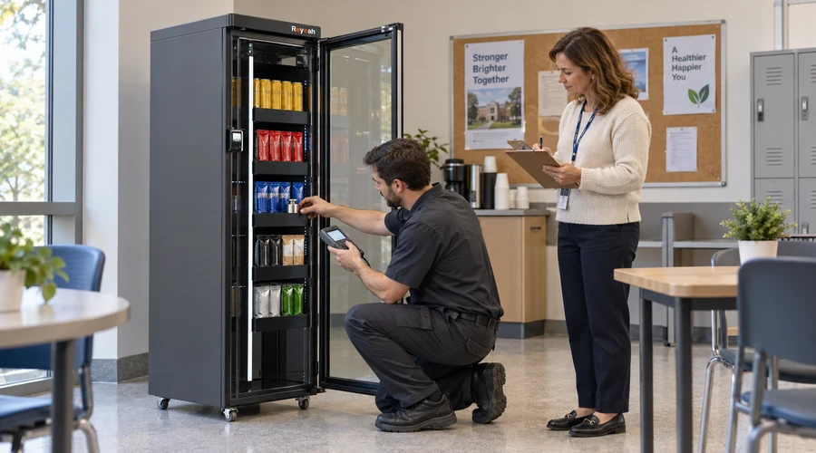 Technician calibrates an X12 vending shelf with sealed test products while a facilities buyer records weight-sensor results