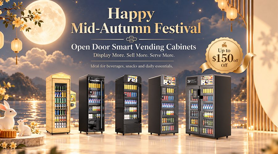 Reyeah employees celebrating the Mid-Autumn Festival with gift bags beside modern vending machines in the company showroom