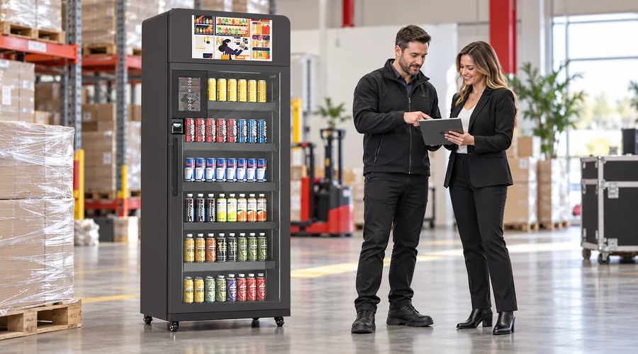 Operator checks a Reyeah X13 smart vending machine while a resident selects a drink in a Canadian apartment lobby